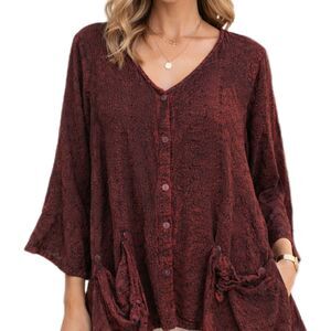 Sacred Threads Women's Dark Red Embroidered Button Draped Pockets Boho Top L/XL